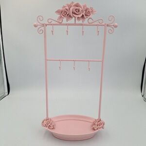 7-Hook Jewelry Stand Shabby Chic Rose Floral Organizer & Ring Tray 13 Inches